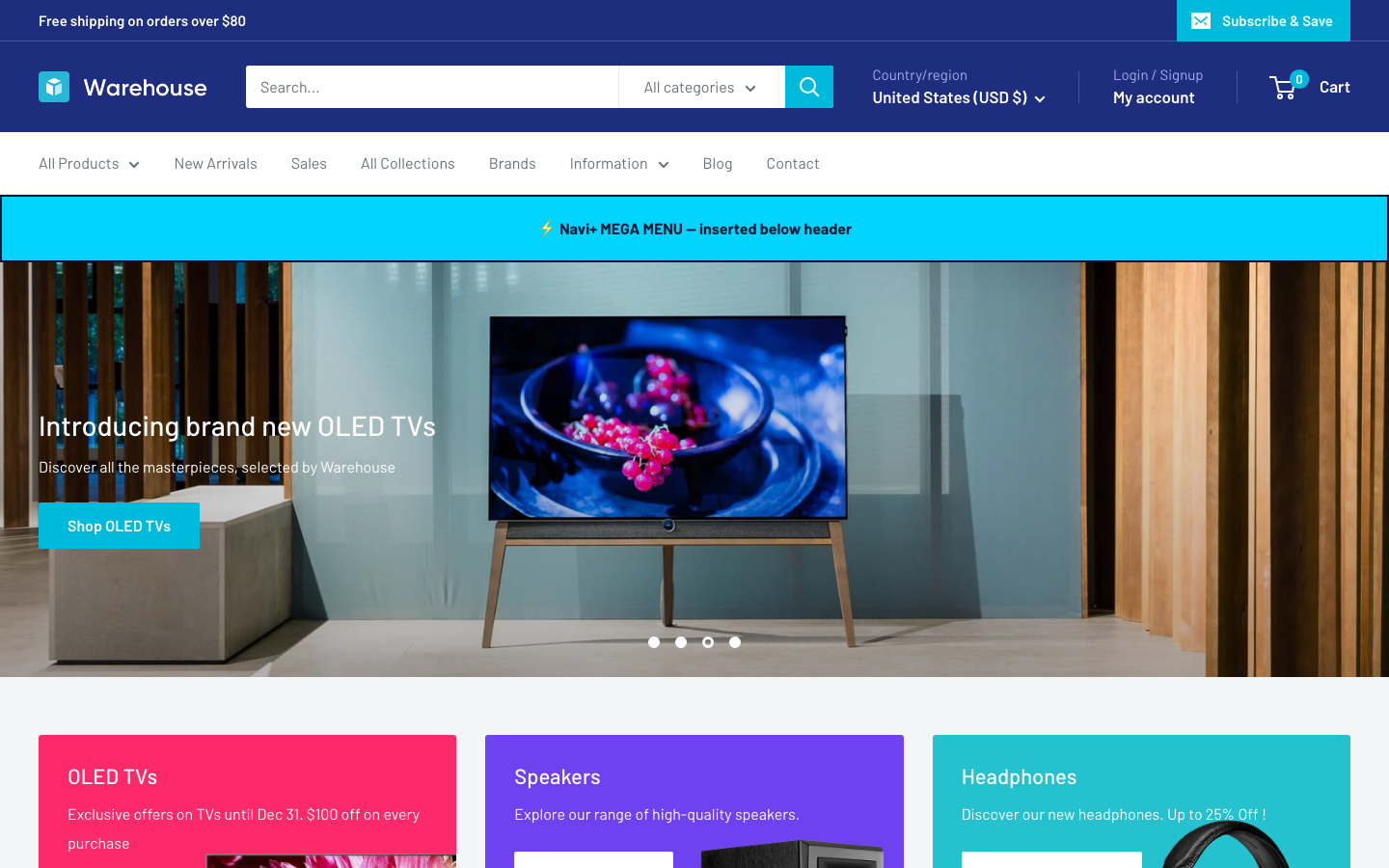 Menu inserted below header — Navi+ on the Warehouse Shopify theme Menu inserted below header — Navi+ on the Warehouse Shopify theme