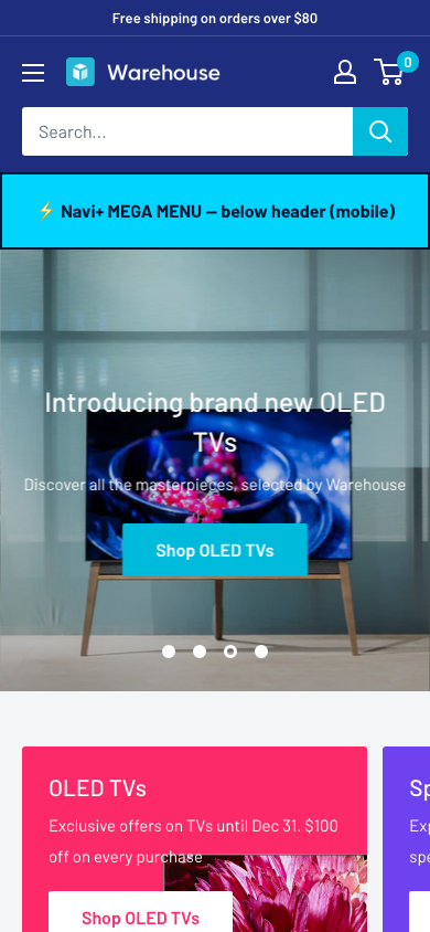 Menu inserted below header — Navi+ on the Warehouse Shopify theme Menu inserted below header — Navi+ on the Warehouse Shopify theme