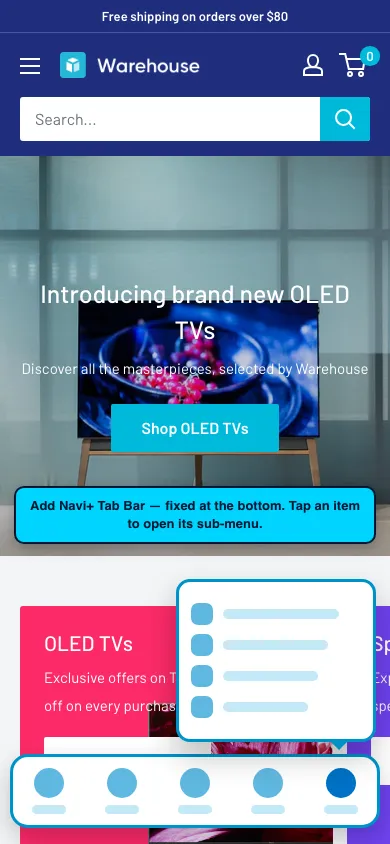 Navi+ Tab Bar on the Warehouse Shopify theme Navi+ Tab Bar on the Warehouse Shopify theme