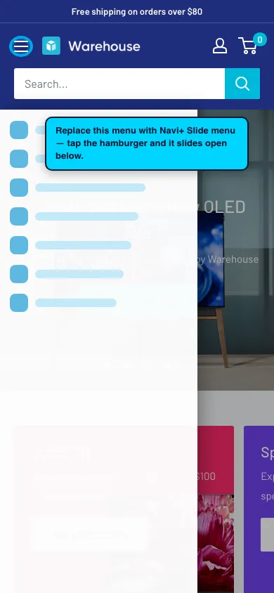 Navi+ Slide Menu on the Warehouse Shopify theme Navi+ Slide Menu on the Warehouse Shopify theme