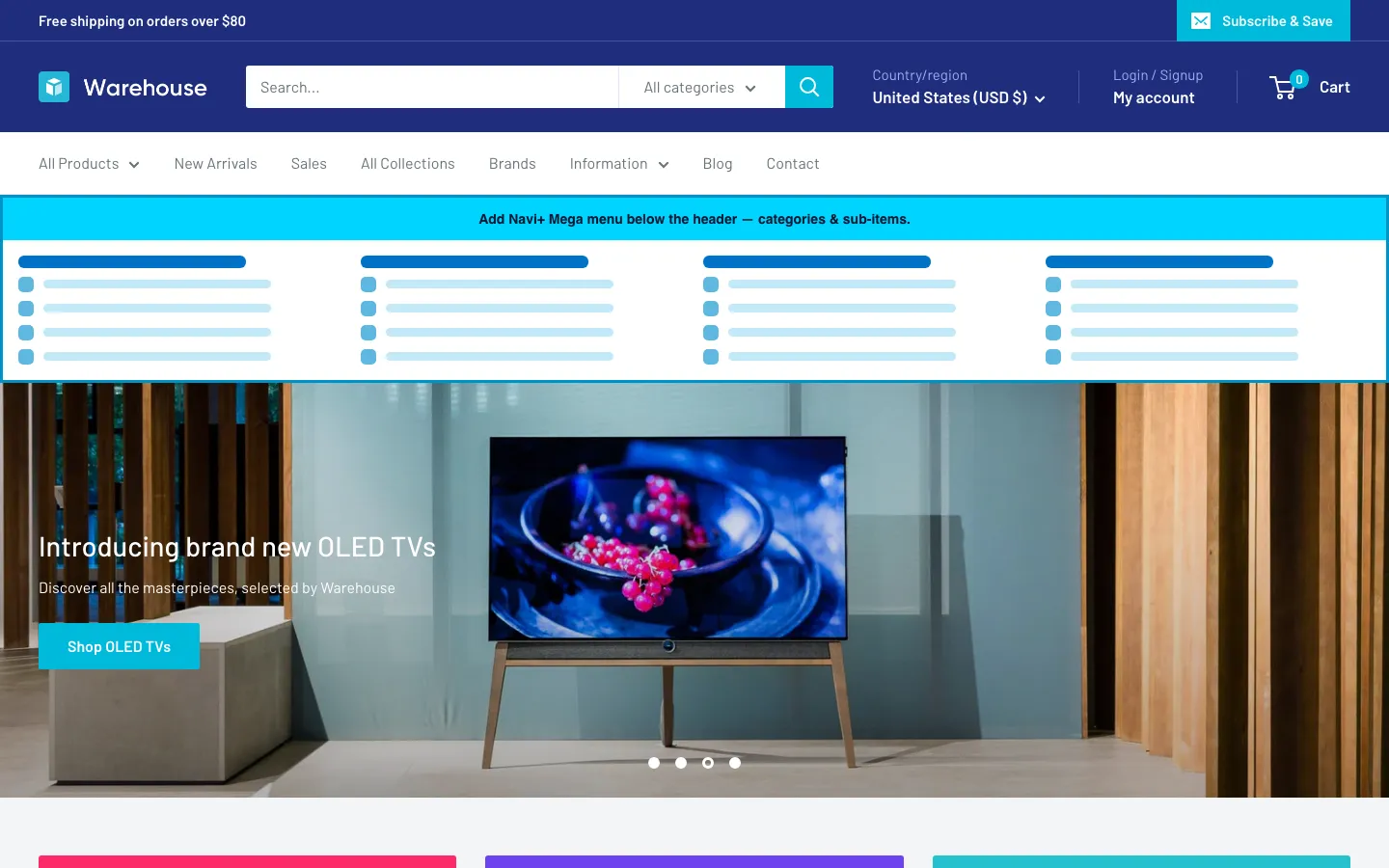 Navi+ Mega Menu inserted below the header on the Warehouse Shopify theme Navi+ Mega Menu inserted below the header on the Warehouse Shopify theme