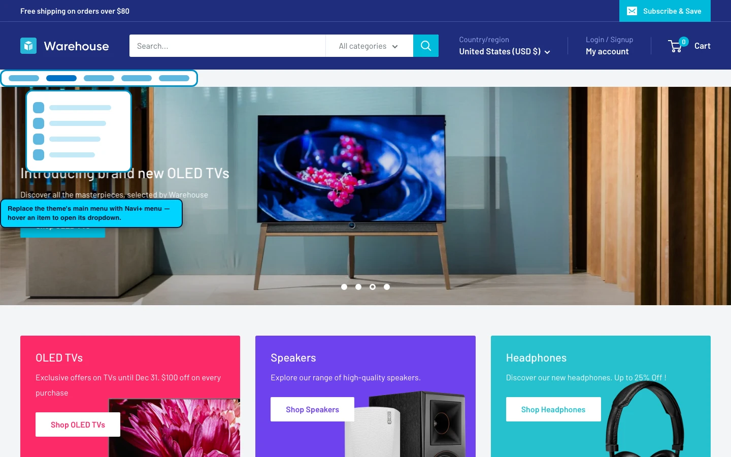Navi+ Mega Menu replacing the desktop menu on the Warehouse Shopify theme