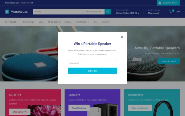Navi+ menus on the Warehouse Shopify theme — desktop preview