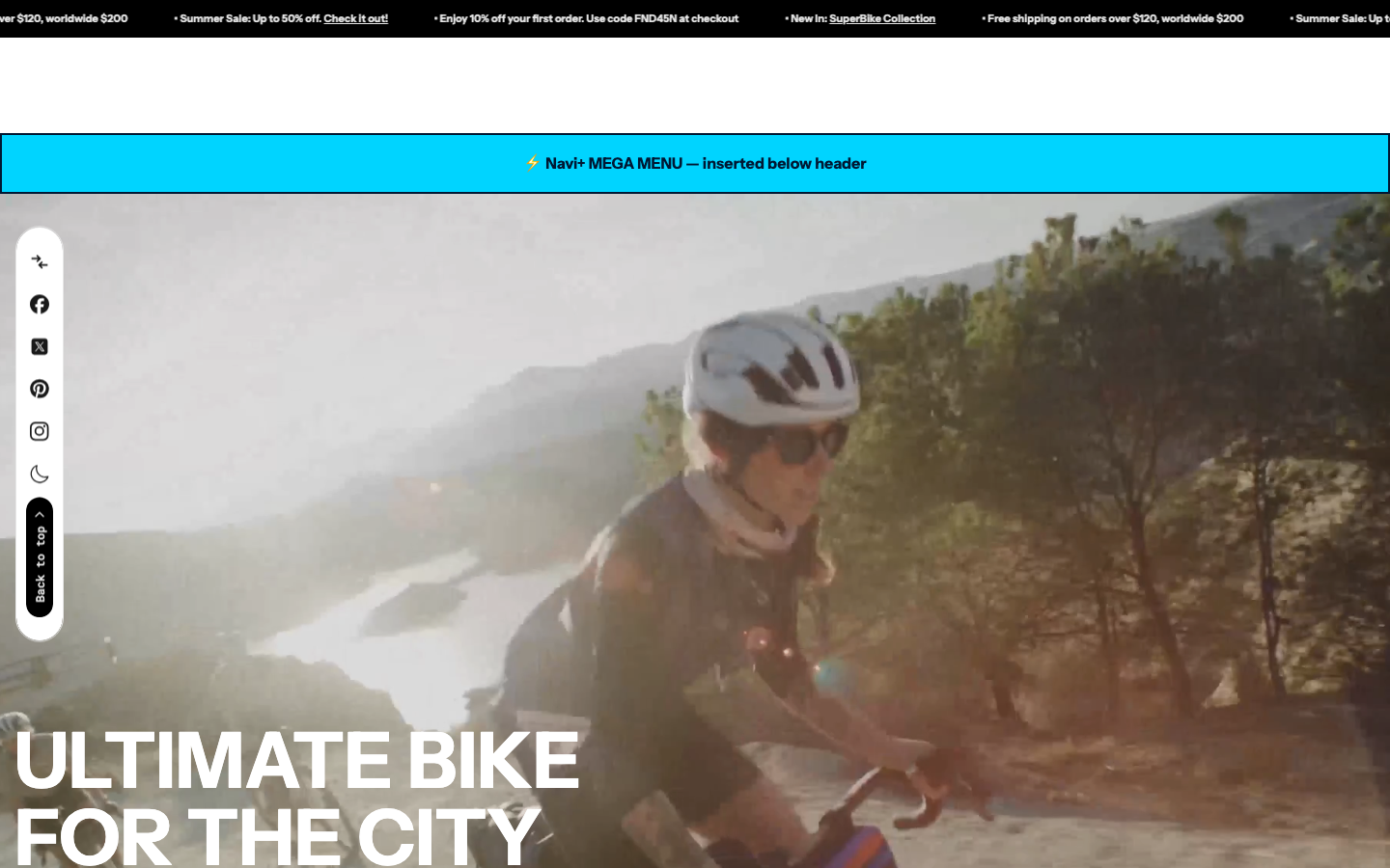 Menu inserted below header — Navi+ on the Wave Shopify theme