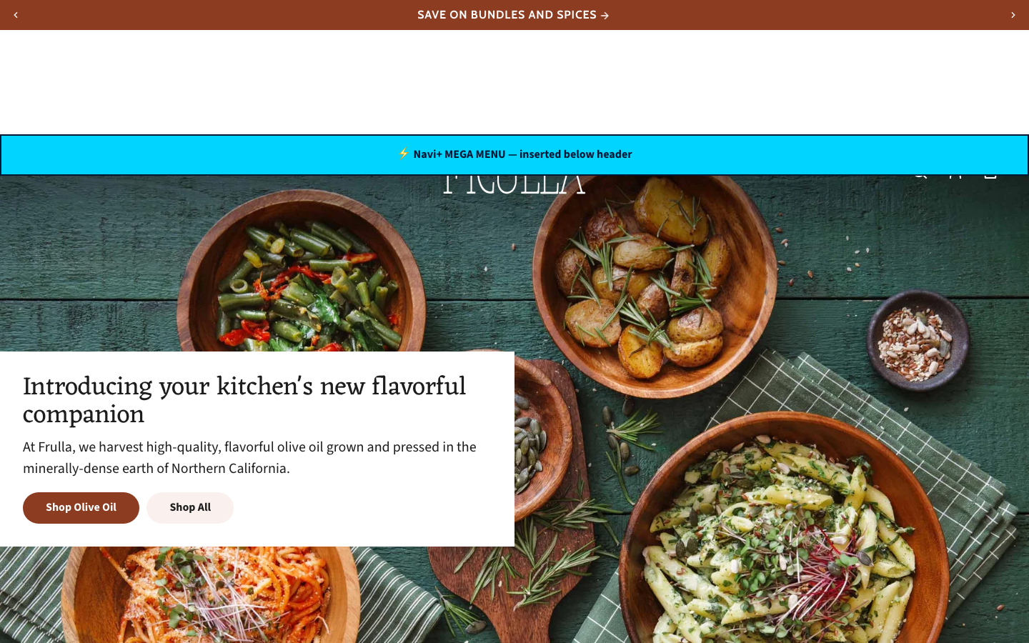 Menu inserted below header — Navi+ on the Whisk Shopify theme