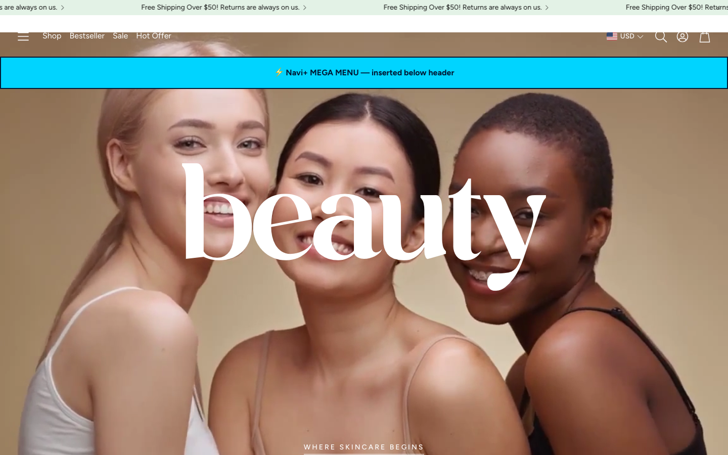 Menu inserted below header — Navi+ on the Wonder Shopify theme Menu inserted below header — Navi+ on the Wonder Shopify theme