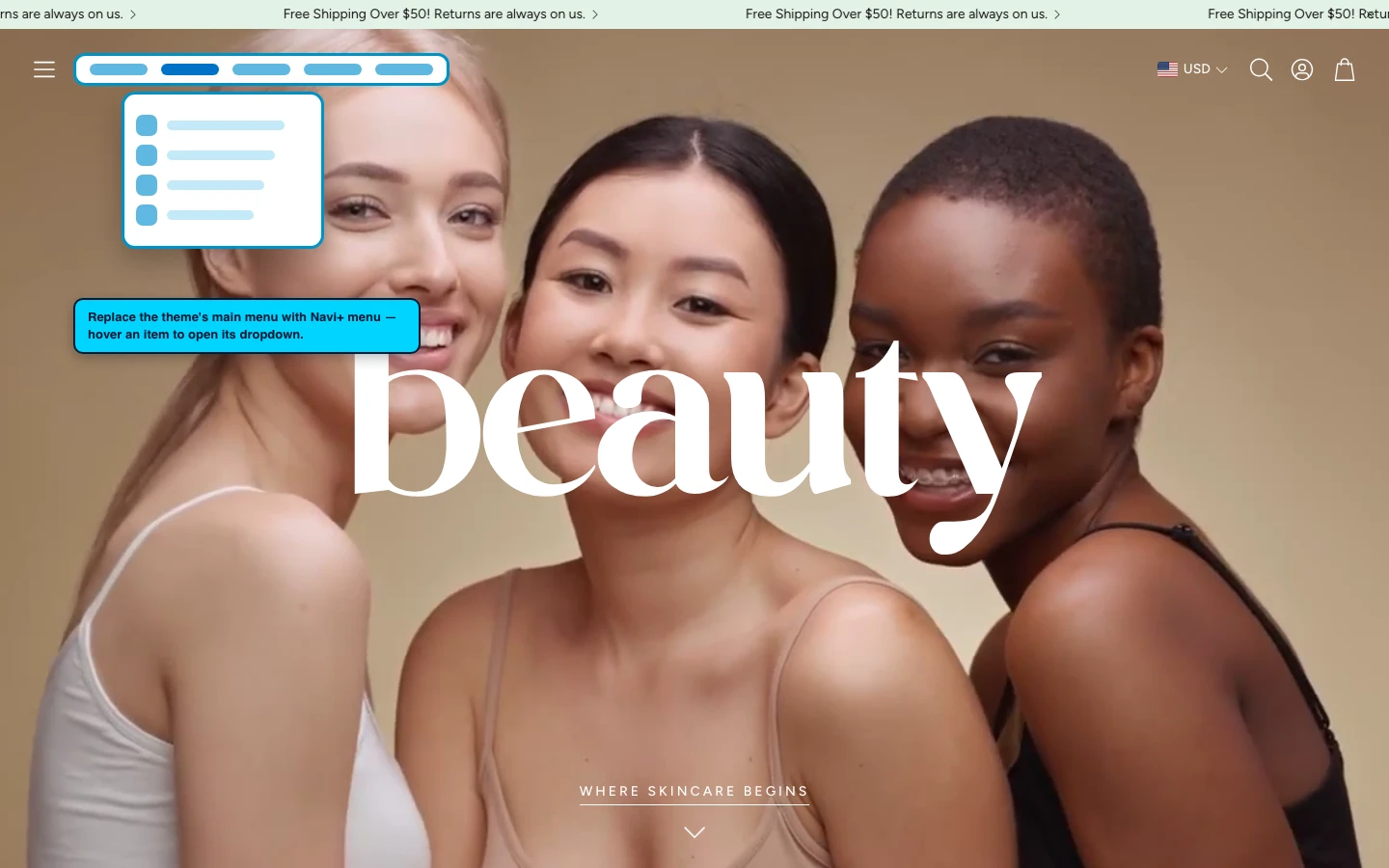 Navi+ Mega Menu replacing the desktop menu on the Wonder Shopify theme Navi+ Mega Menu replacing the desktop menu on the Wonder Shopify theme