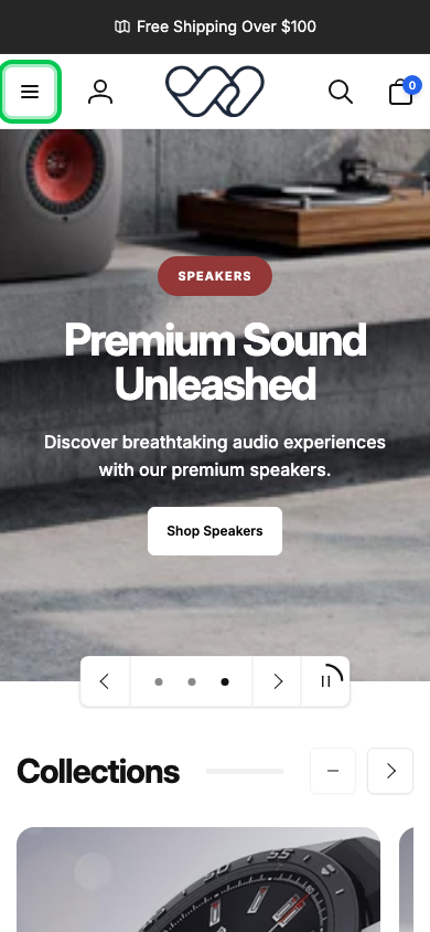 Hamburger → panel opened — Navi+ on the Woodstock Shopify theme