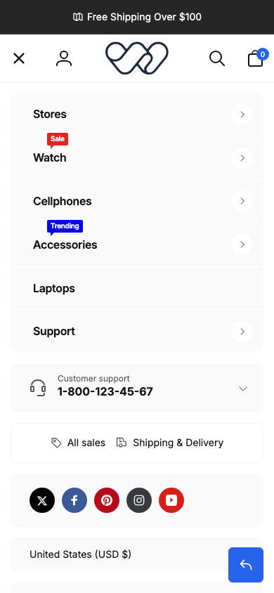 Hamburger → panel opened — Navi+ on the Woodstock Shopify theme