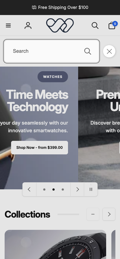 Search → panel opened — Navi+ on the Woodstock Shopify theme