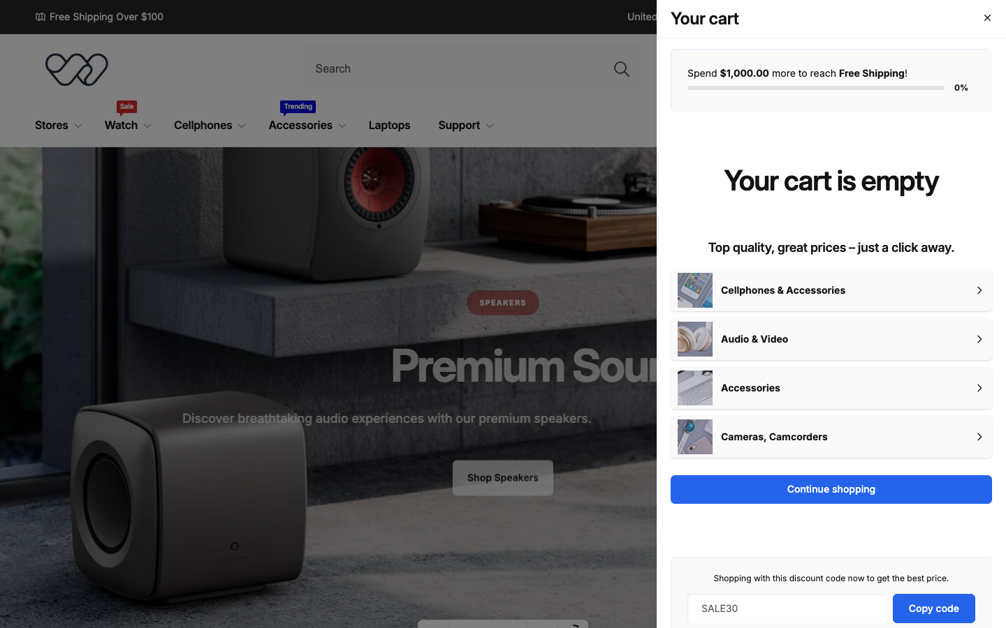 Cart → panel opened — Navi+ on the Woodstock Shopify theme