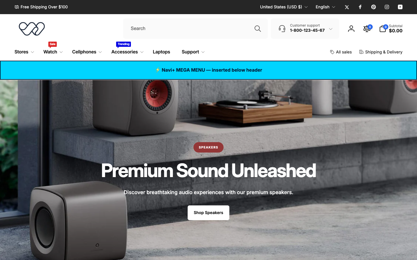 Menu inserted below header — Navi+ on the Woodstock Shopify theme