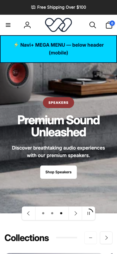 Menu inserted below header — Navi+ on the Woodstock Shopify theme