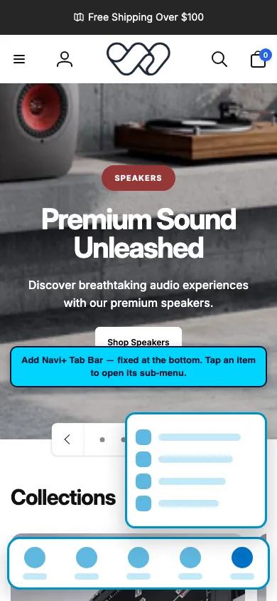 Navi+ Tab Bar on the Woodstock Shopify theme Navi+ Tab Bar on the Woodstock Shopify theme