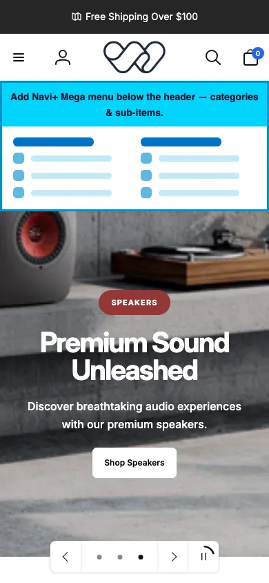 Navi+ mobile Mega Menu on the Woodstock Shopify theme Navi+ mobile Mega Menu on the Woodstock Shopify theme