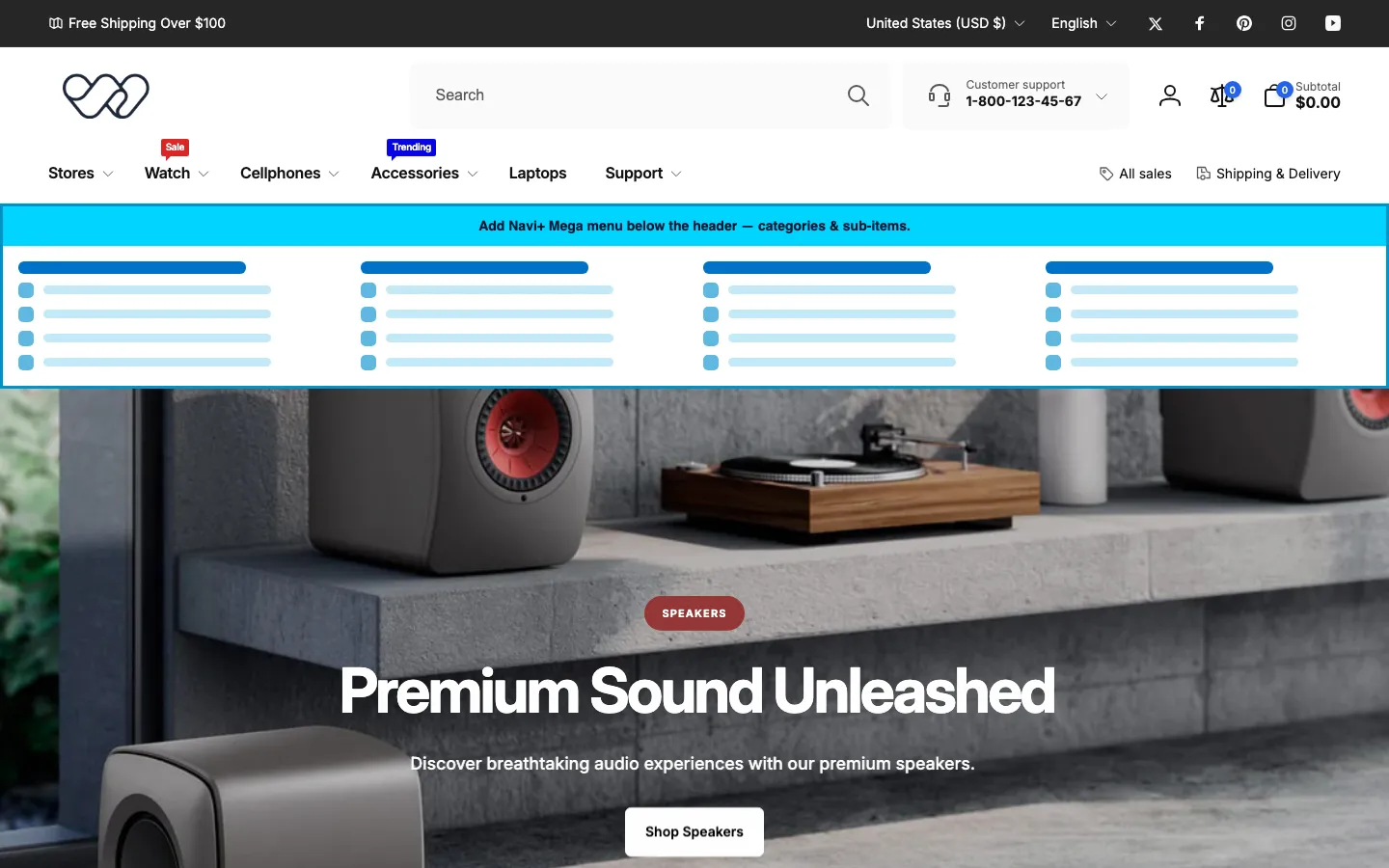 Navi+ Mega Menu inserted below the header on the Woodstock Shopify theme Navi+ Mega Menu inserted below the header on the Woodstock Shopify theme