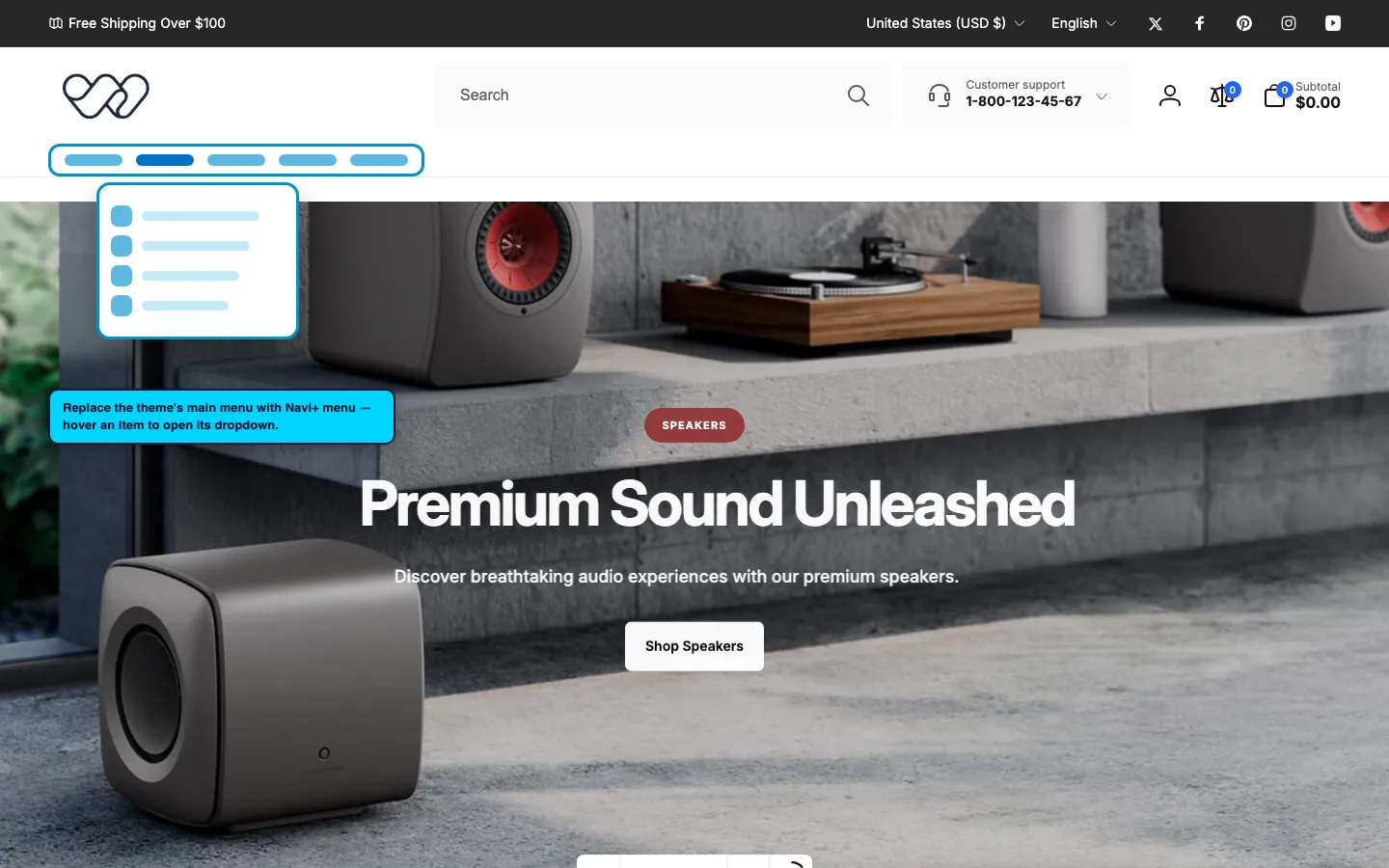 Navi+ Mega Menu replacing the desktop menu on the Woodstock Shopify theme