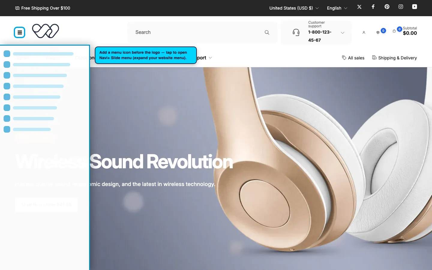 Navi+ trigger icon before the logo on the Woodstock Shopify theme Navi+ trigger icon before the logo on the Woodstock Shopify theme