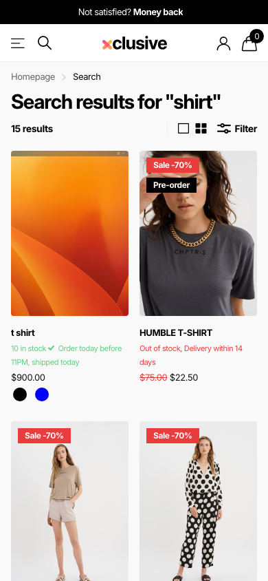 Search → panel opened — Navi+ on the Xclusive Shopify theme Search → panel opened — Navi+ on the Xclusive Shopify theme