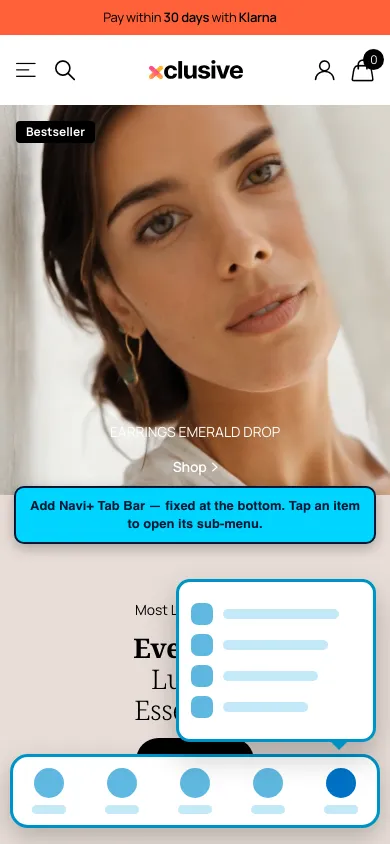 Navi+ Tab Bar on the Xclusive Shopify theme Navi+ Tab Bar on the Xclusive Shopify theme