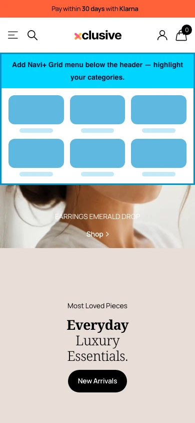 Navi+ Grid Menu on the Xclusive Shopify theme Navi+ Grid Menu on the Xclusive Shopify theme