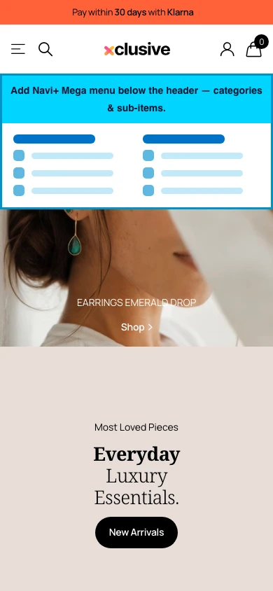 Navi+ mobile Mega Menu on the Xclusive Shopify theme Navi+ mobile Mega Menu on the Xclusive Shopify theme