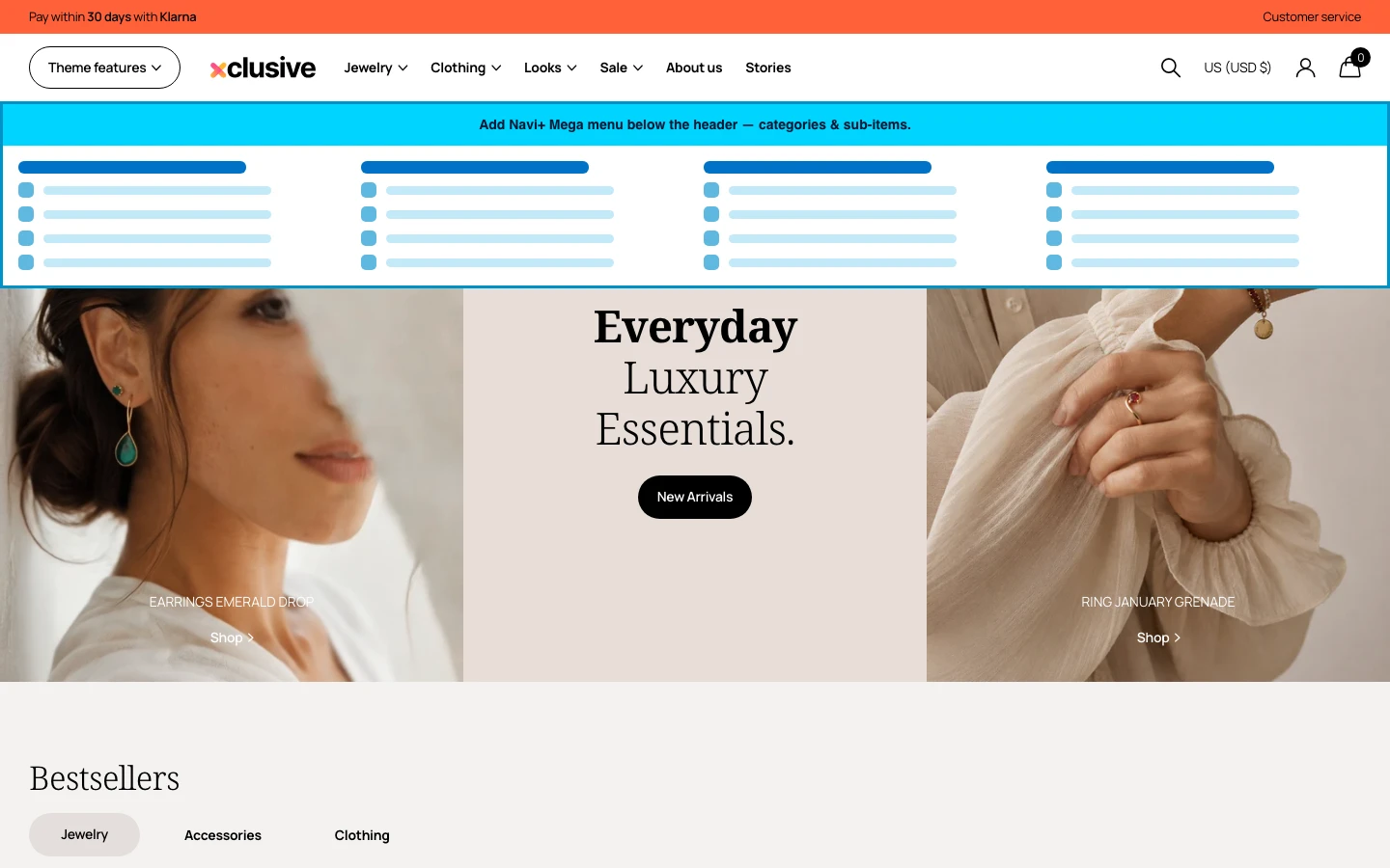 Navi+ Mega Menu inserted below the header on the Xclusive Shopify theme Navi+ Mega Menu inserted below the header on the Xclusive Shopify theme