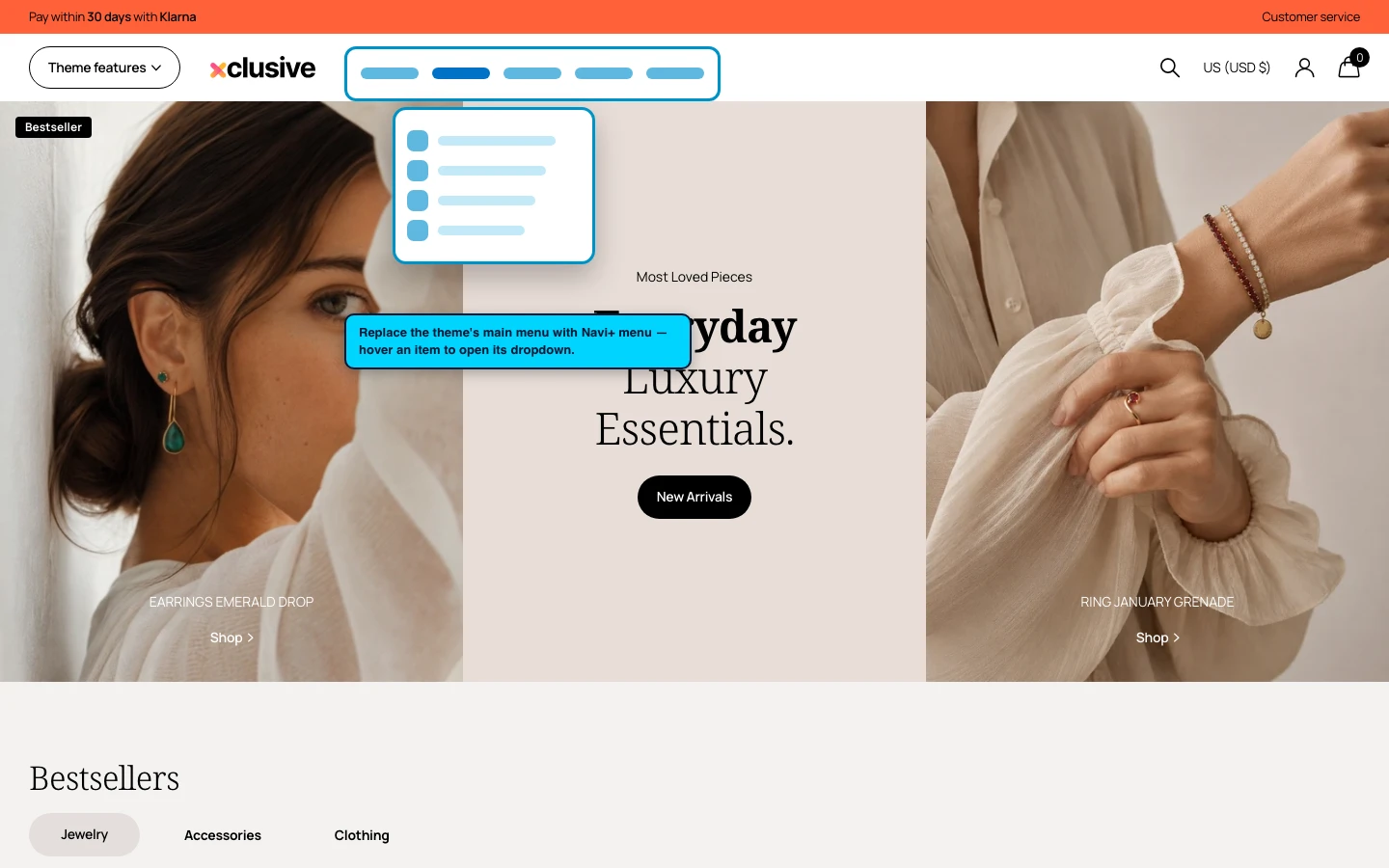 Navi+ Mega Menu replacing the desktop menu on the Xclusive Shopify theme