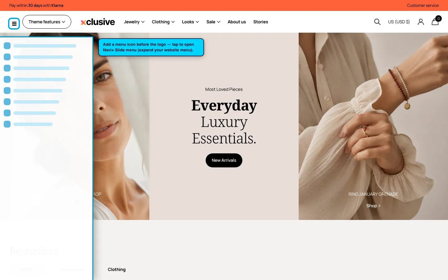 Navi+ trigger icon before the logo on the Xclusive Shopify theme Navi+ trigger icon before the logo on the Xclusive Shopify theme