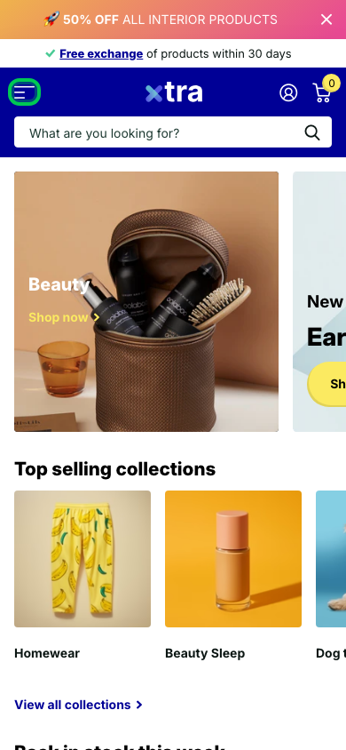 Hamburger → panel opened — Navi+ on the Xtra Shopify theme Hamburger → panel opened — Navi+ on the Xtra Shopify theme