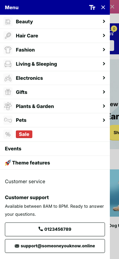 Hamburger → panel opened — Navi+ on the Xtra Shopify theme Hamburger → panel opened — Navi+ on the Xtra Shopify theme