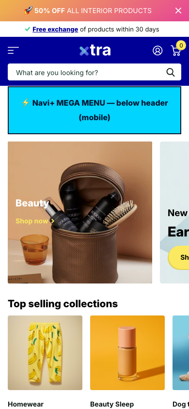 Menu inserted below header — Navi+ on the Xtra Shopify theme Menu inserted below header — Navi+ on the Xtra Shopify theme