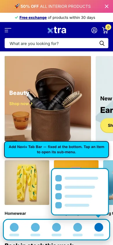 Navi+ Tab Bar on the Xtra Shopify theme Navi+ Tab Bar on the Xtra Shopify theme
