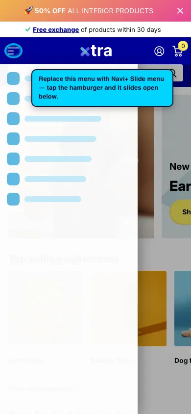 Navi+ Slide Menu on the Xtra Shopify theme Navi+ Slide Menu on the Xtra Shopify theme