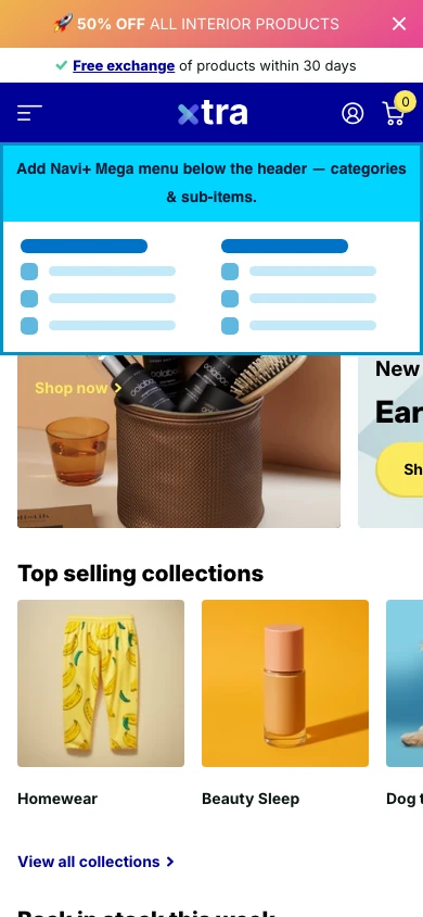 Navi+ mobile Mega Menu on the Xtra Shopify theme Navi+ mobile Mega Menu on the Xtra Shopify theme
