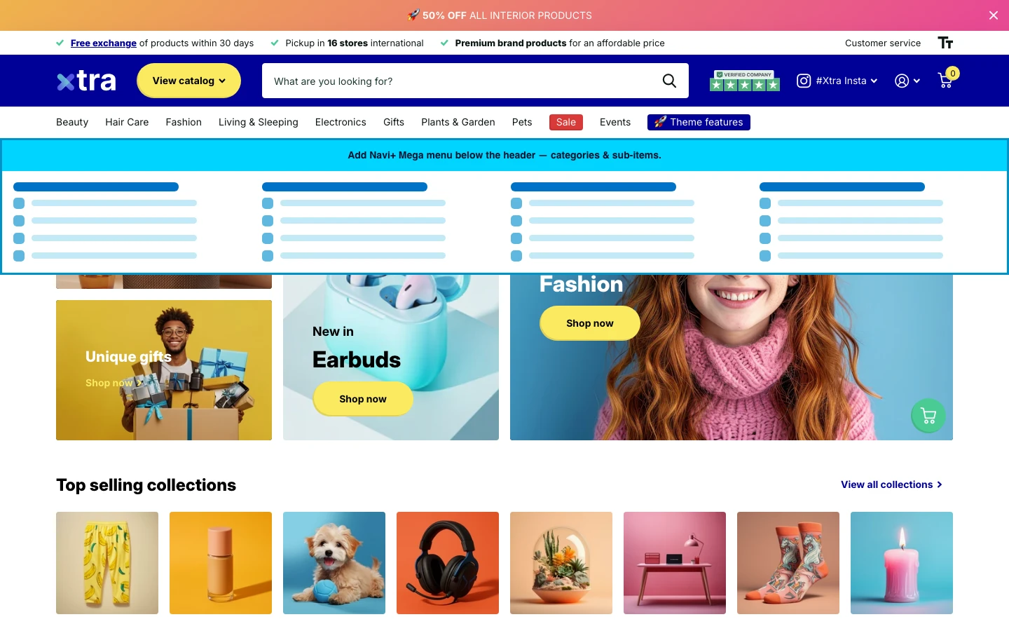 Navi+ Mega Menu inserted below the header on the Xtra Shopify theme Navi+ Mega Menu inserted below the header on the Xtra Shopify theme