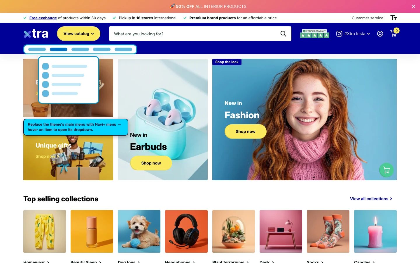 Navi+ Mega Menu replacing the desktop menu on the Xtra Shopify theme