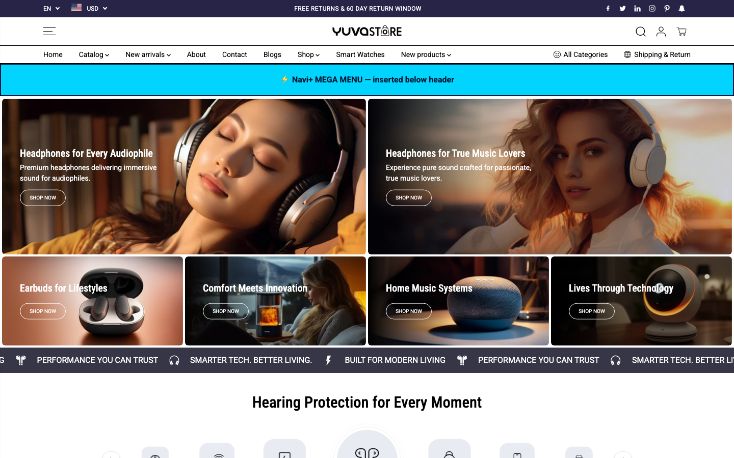 Menu inserted below header — Navi+ on the Yuva Shopify theme Menu inserted below header — Navi+ on the Yuva Shopify theme