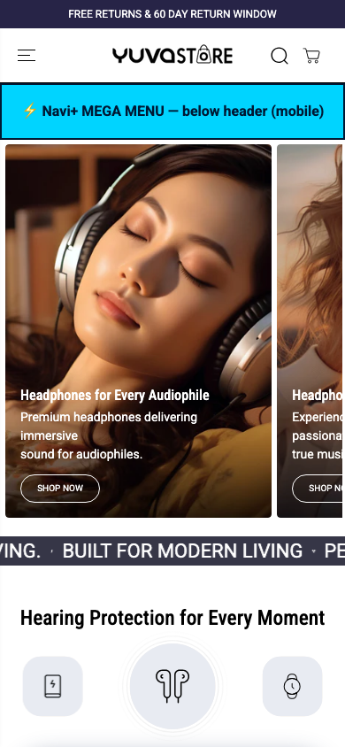 Menu inserted below header — Navi+ on the Yuva Shopify theme Menu inserted below header — Navi+ on the Yuva Shopify theme