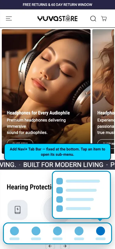 Navi+ Tab Bar on the Yuva Shopify theme Navi+ Tab Bar on the Yuva Shopify theme