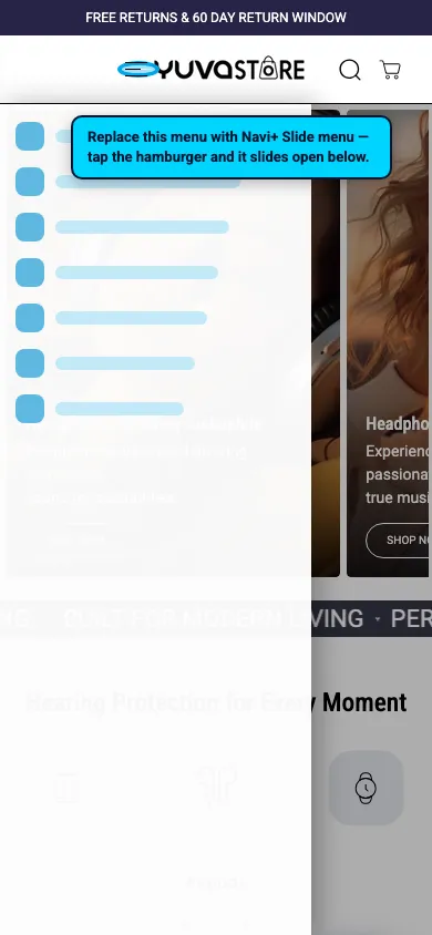 Navi+ Slide Menu on the Yuva Shopify theme Navi+ Slide Menu on the Yuva Shopify theme