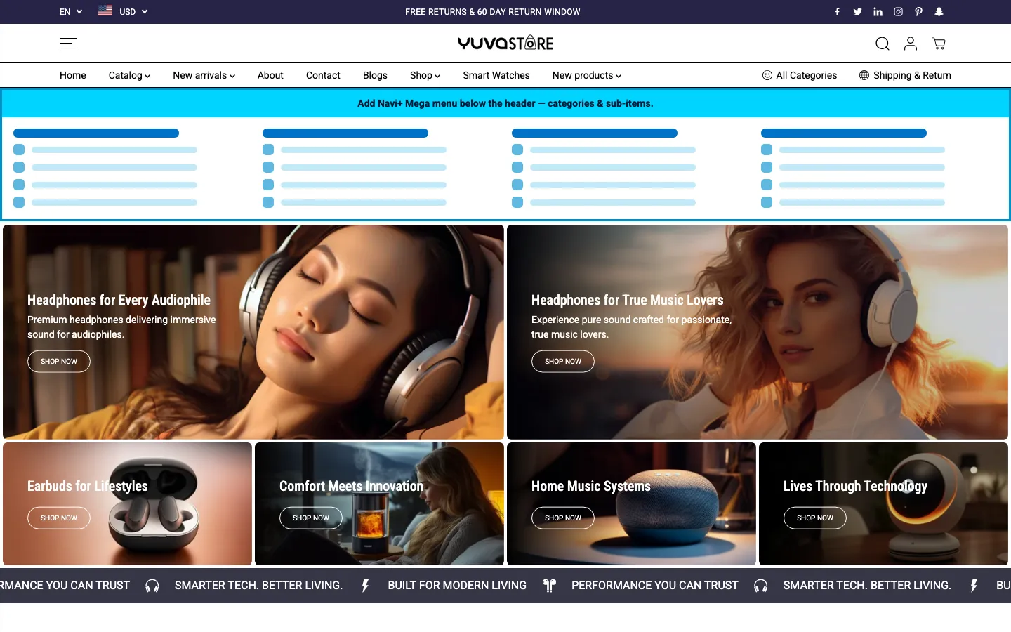 Navi+ Mega Menu inserted below the header on the Yuva Shopify theme Navi+ Mega Menu inserted below the header on the Yuva Shopify theme