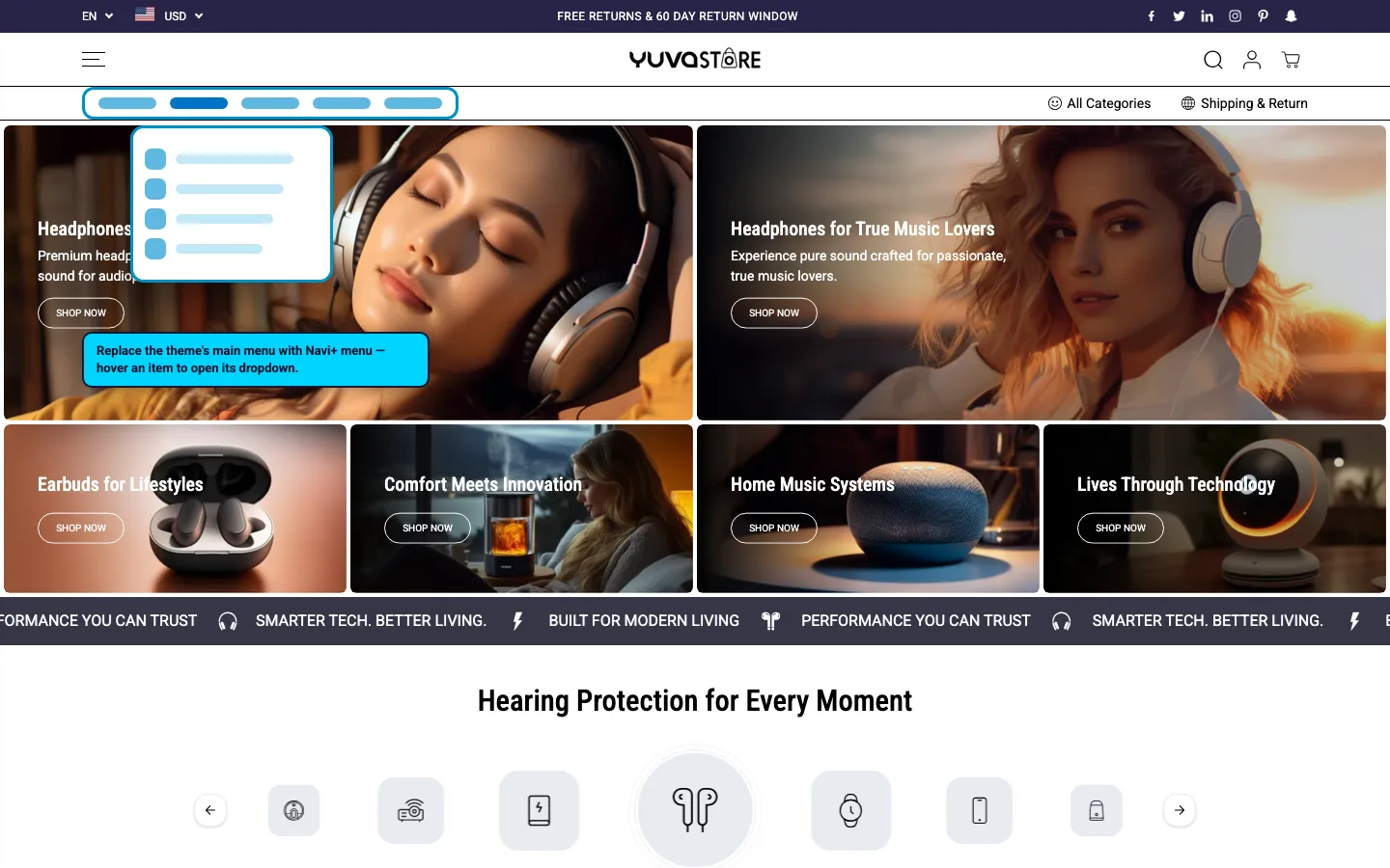 Navi+ Mega Menu replacing the desktop menu on the Yuva Shopify theme