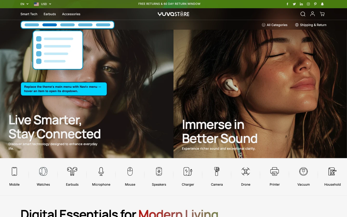 Navi+ Mega Menu replacing the desktop menu on the Yuva Shopify theme Navi+ Mega Menu replacing the desktop menu on the Yuva Shopify theme