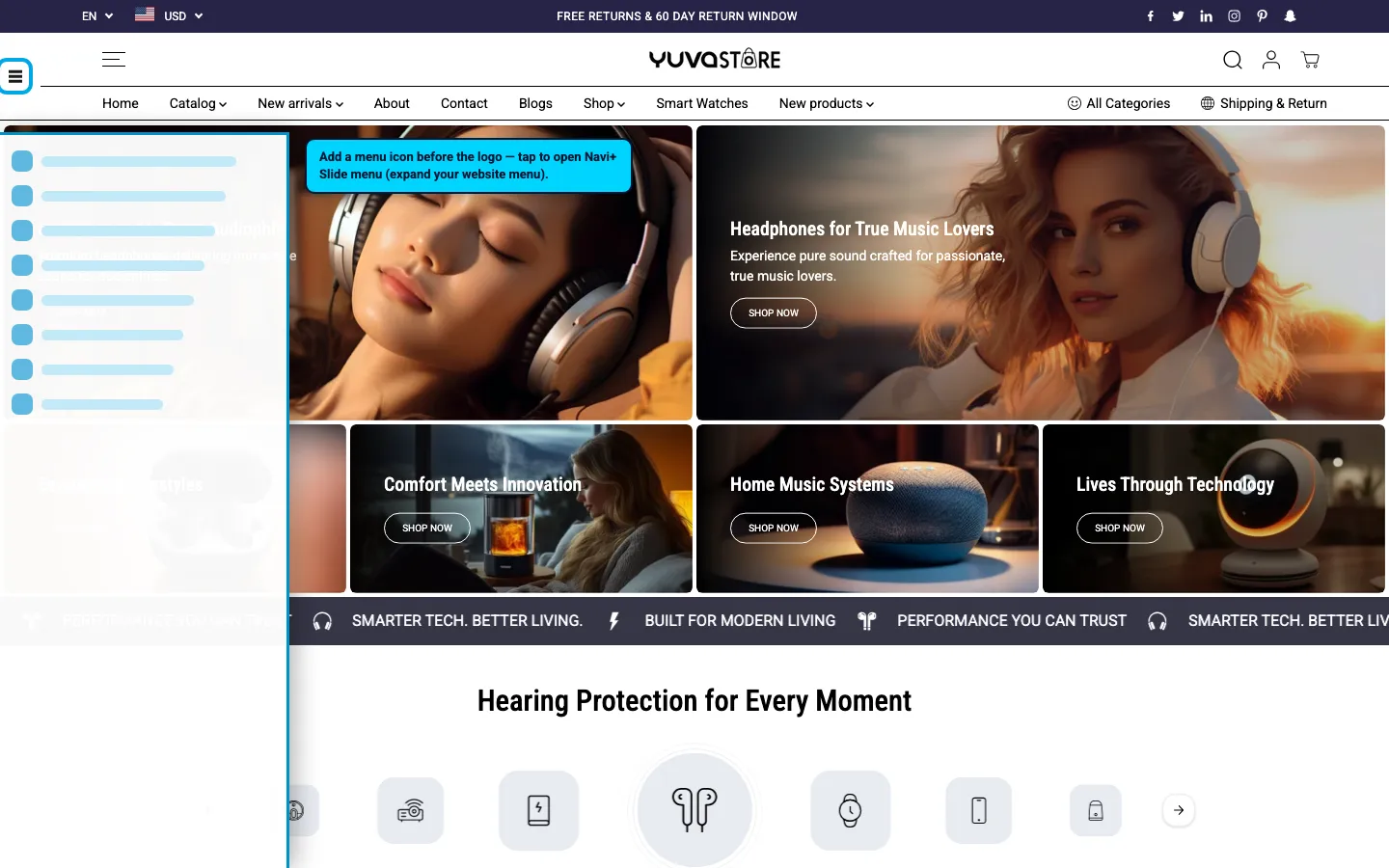 Navi+ trigger icon before the logo on the Yuva Shopify theme Navi+ trigger icon before the logo on the Yuva Shopify theme