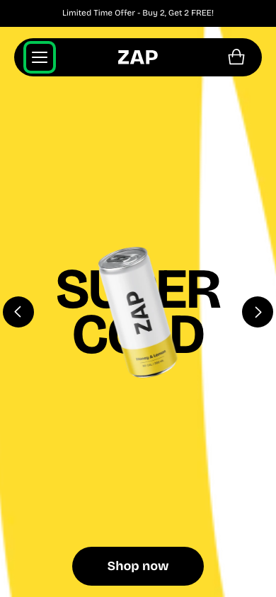 Hamburger → panel opened — Navi+ on the Zap Shopify theme Hamburger → panel opened — Navi+ on the Zap Shopify theme
