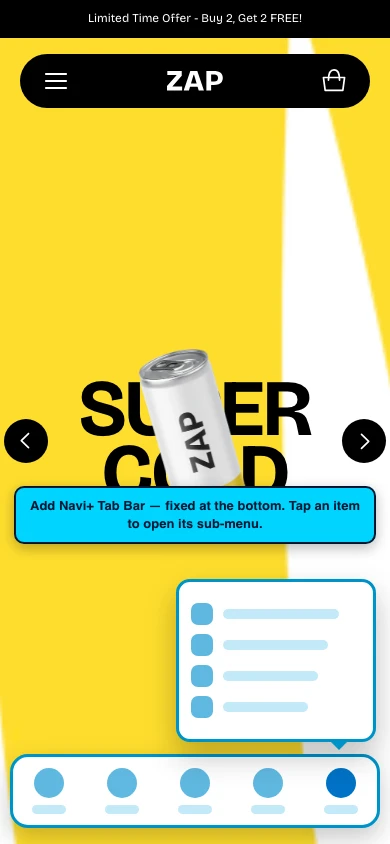 Navi+ Tab Bar on the Zap Shopify theme Navi+ Tab Bar on the Zap Shopify theme