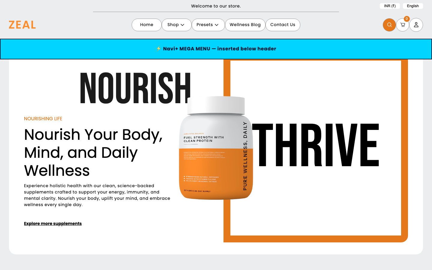 Menu inserted below header — Navi+ on the Zeal Shopify theme Menu inserted below header — Navi+ on the Zeal Shopify theme