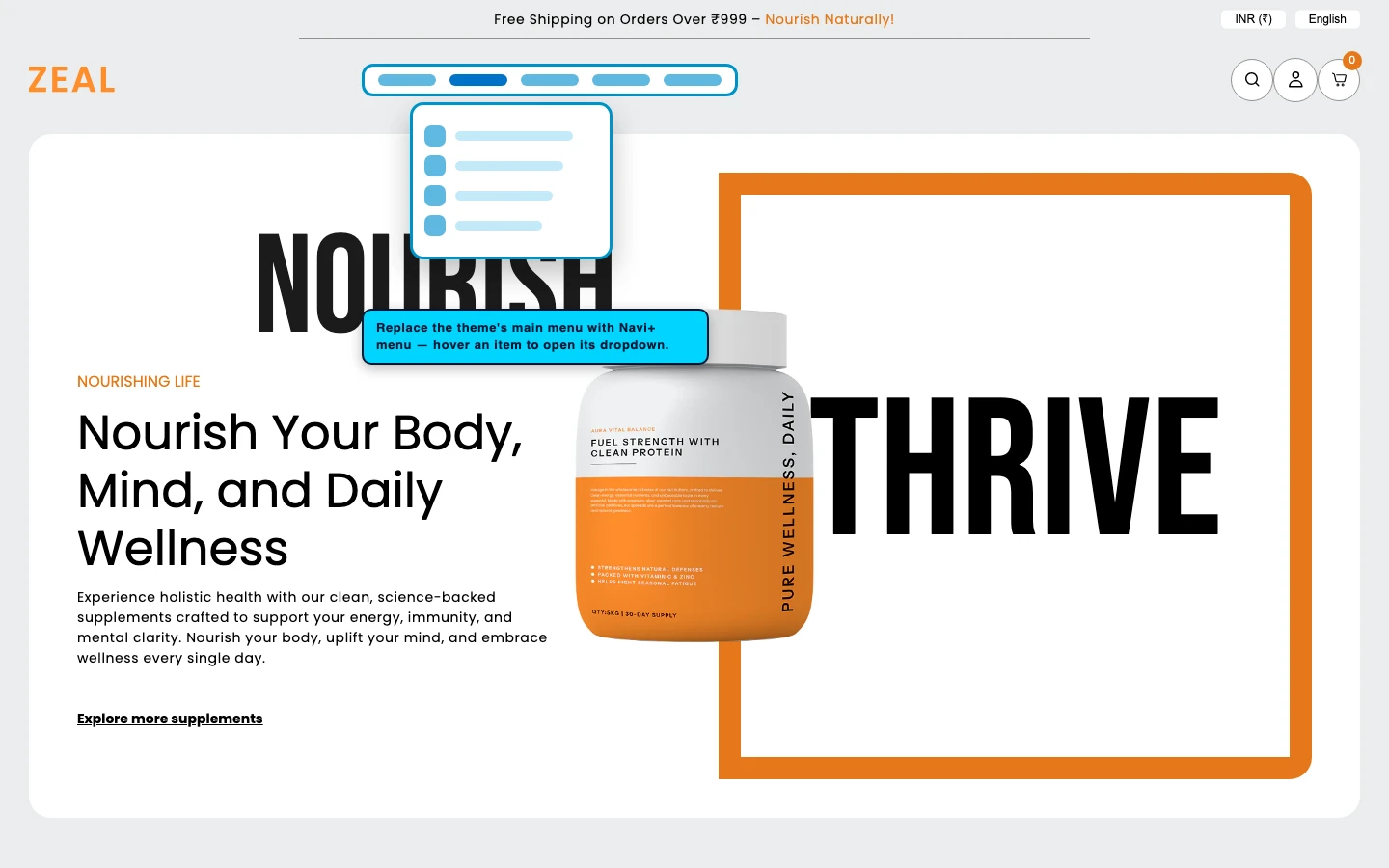 Navi+ Mega Menu replacing the desktop menu on the Zeal Shopify theme Navi+ Mega Menu replacing the desktop menu on the Zeal Shopify theme