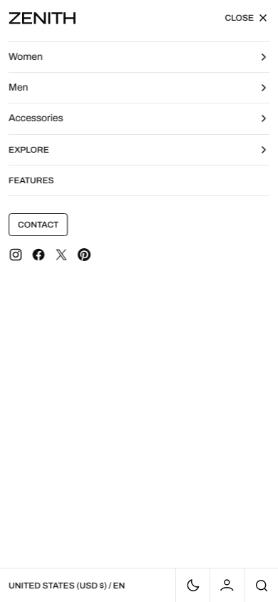 Hamburger → panel opened — Navi+ on the Zenith Shopify theme